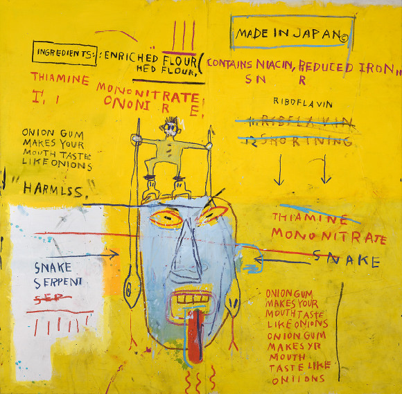 ジャン=ミシェル・バスキア 《Onion Gum》 1983 Acrylic and oilstick on canvas 177.8 x 203.2 x 5 cm Courtesy Van de Weghe Fine Art, New YorkPhoto: Camerarts, New York Artwork © Estate of Jean-Michel Basquiat.Licensed by Artestar, New York