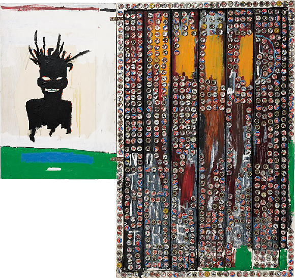 ジャン=ミシェル・バスキア 《Self-Portrait》 1985 Acrylic, oilstick, crown cork and bottle caps on wood 141.9 x 153 x 14.9 cm Private CollectionPhoto: Max Yawney Artwork © Estate of Jean-Michel Basquiat. Licensed by Artestar, New York