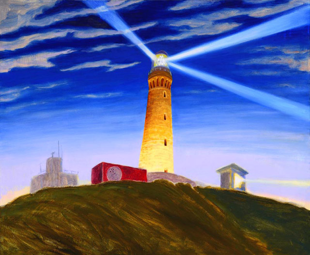 明治時代に建てられた石造りの角島灯台（山口県）とコンテナくん（画・谷川夏樹）