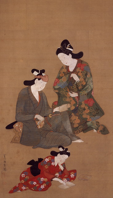 菱川師宣「二美人と若衆図」（前期）個人蔵、福井県立美術館寄託