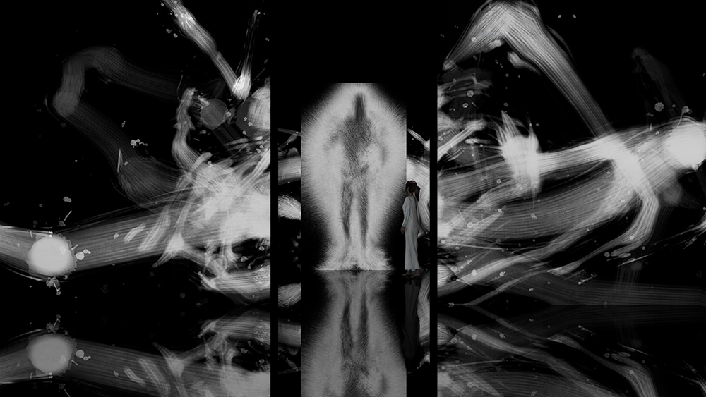 チームラボ《反転無分別- Light in Dark》、《Dissipative Figures – Human, Light in Dark》© チームラボ※参考 画像、前期展示