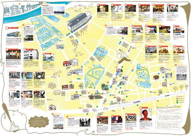 北加賀屋に点在するクリエイティブ拠点やまちなかアートスポットを紹介するマップ。「北加賀屋クリエイティブ・ビレッジ（KCV）構想」の様子を俯瞰することが出来る