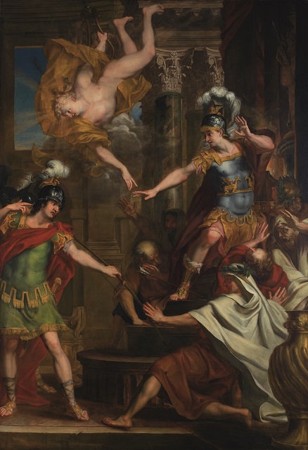『パリスとアポロがアキレスの踵に矢を向け命を狙う』エラルート・デ・ライレッセ (1640-1711)、ベルギー、油絵・キャンバス、 H 3000mm x W 2140mm
