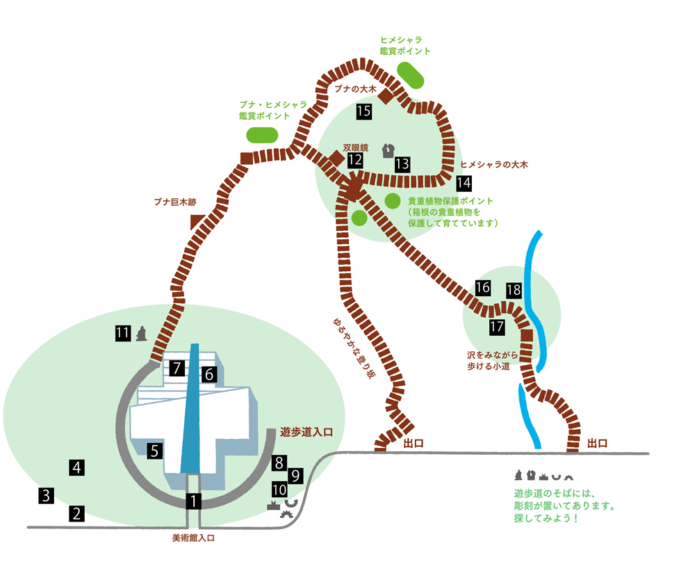 ポーラ美術館 森の遊歩道「風の遊ぶ散歩道」、13番の場所にアイ・ウェイウェイ《鉄樹根》がある